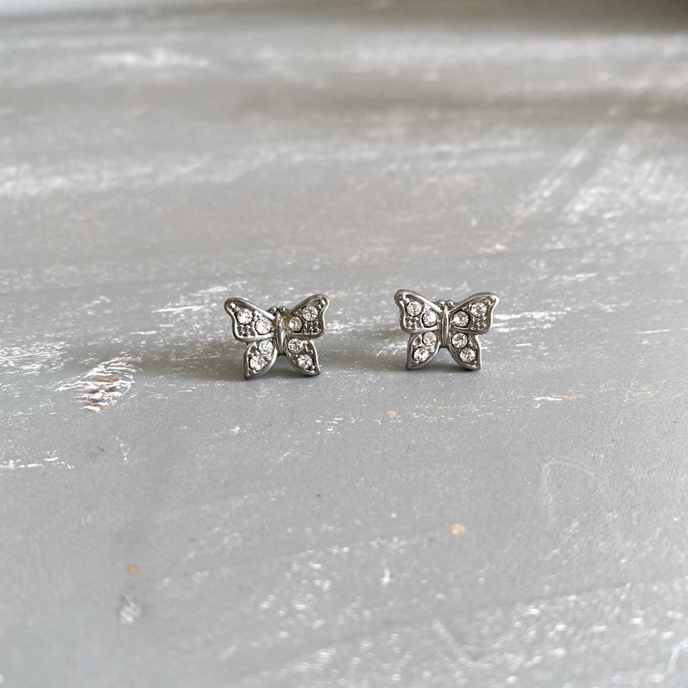 Silver Butterfly Crystal Rhinestone Stud Earrings